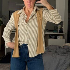 XinmonLee Blouse. Size Medium. White and Tan Stripes.